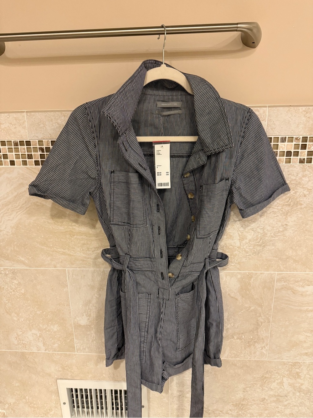 Urban Outfitters Striped Navy and White Short-Sleeve Utility Romper